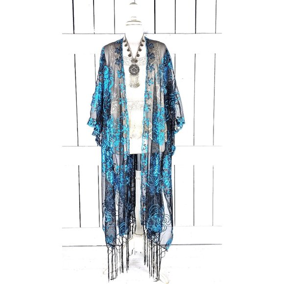 Maxi blue and black floral sequin sheer fringe kimono cover up jacket - Picture 1 of 5